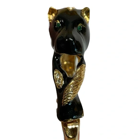 Vintage Black and Gold Enameled Panther Leopard Hinged Closure Bangle Bracelet - Picture 12 of 12